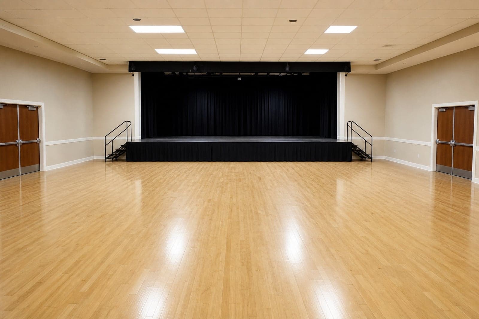 Auditorium hall with polished wood floor and stage