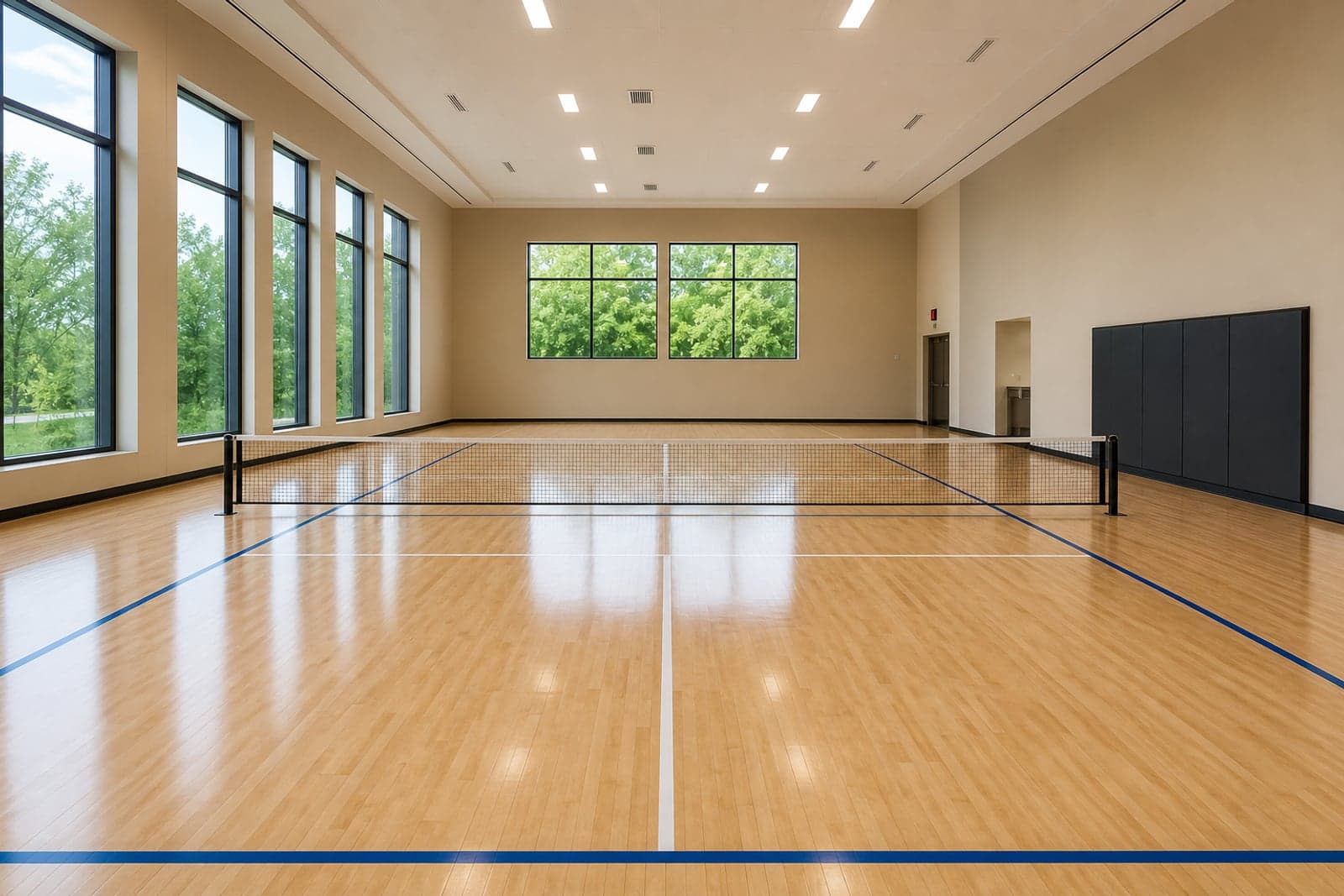 Indoor pickleball court with polished wood flooring and windows